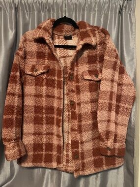 32 Degrees Plush Checkered Teddy Jacket - Dusty Rose & Rust